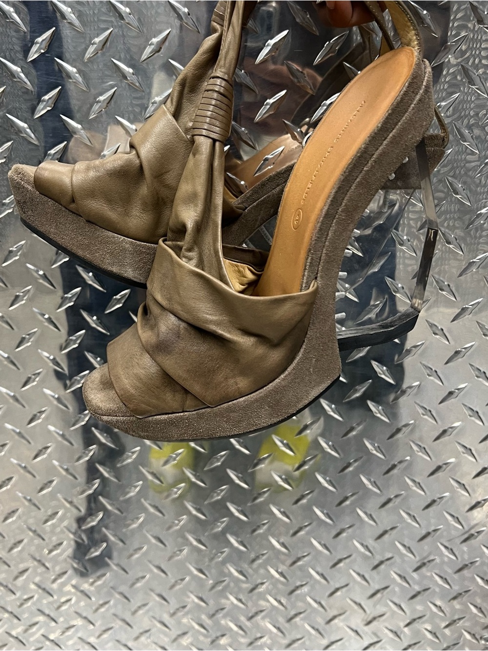 All Saints Taupe Ruched Platform Slide Heels